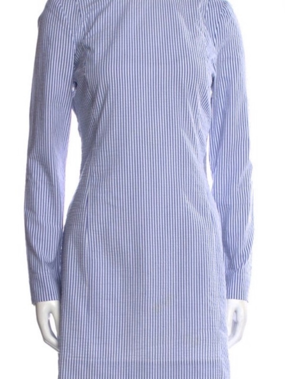 GANNI Blue and White Striped Seersucker Mini Dress